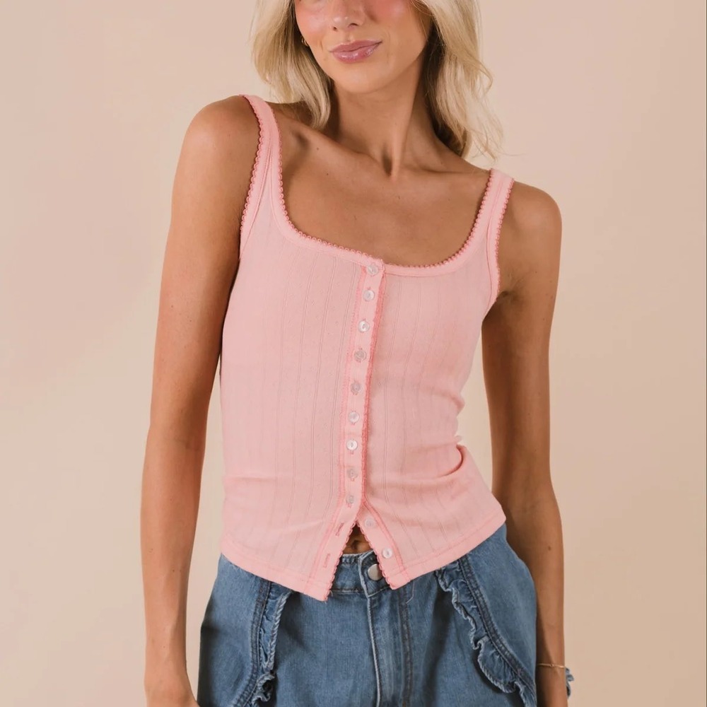 Free People Intimately Blossom Pink Pointelle Button Front Tank Top XS OB1958305